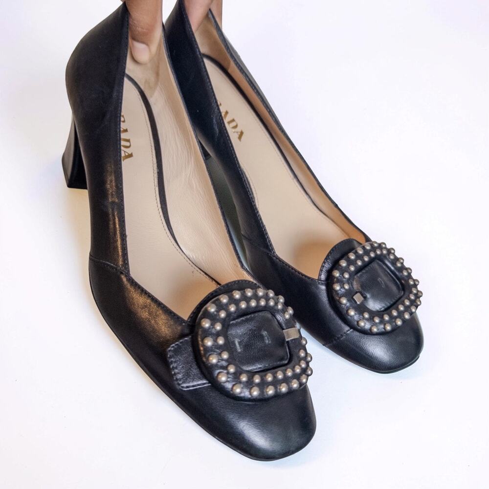 Prada Black Leather Studded Buckle Block Heel Pumps Size 38.5 EU / US 8–8.5